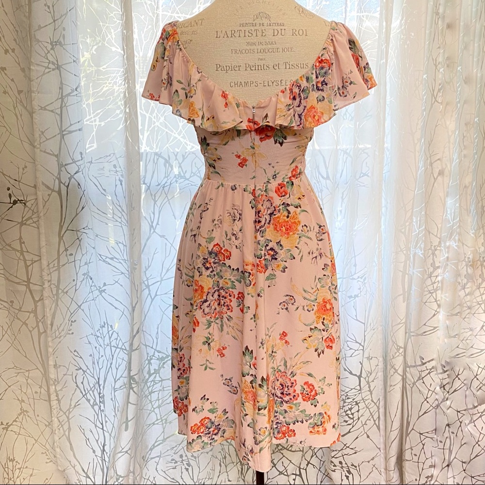Rebecca Taylor Marlena pink green yellow floral print silk ruffle neckline dress - Picture 6 of 13